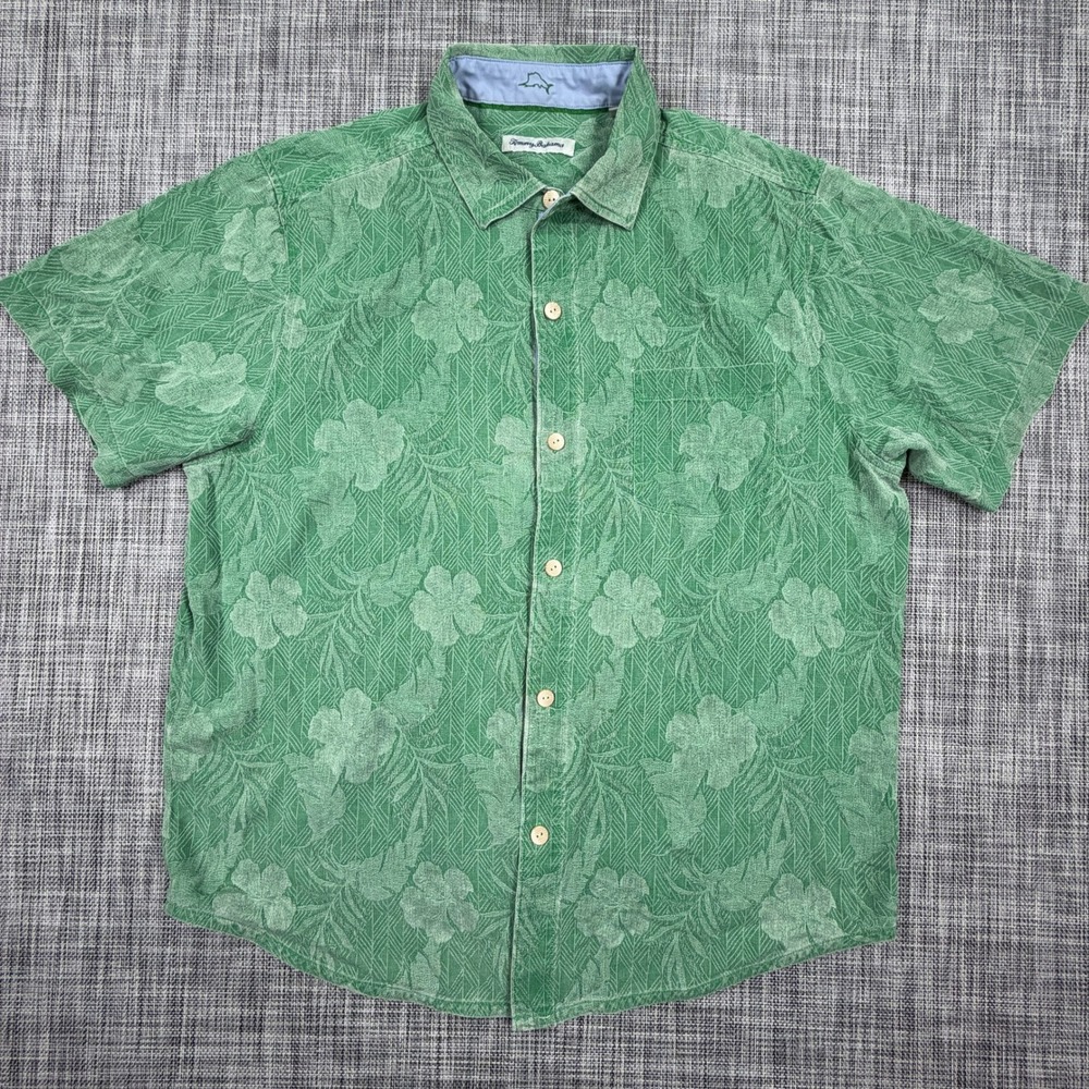 Tommy Bahama Men Green Tonal Tropical Floral Silk Short Sleeve Camp Shirt Size L